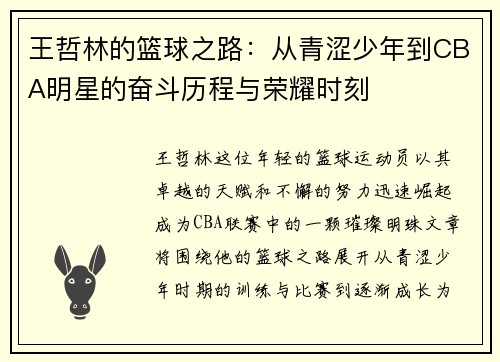 王哲林的篮球之路：从青涩少年到CBA明星的奋斗历程与荣耀时刻