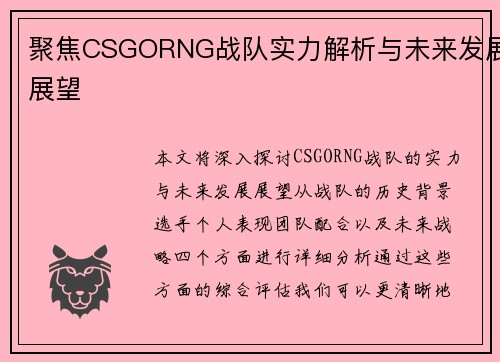 聚焦CSGORNG战队实力解析与未来发展展望