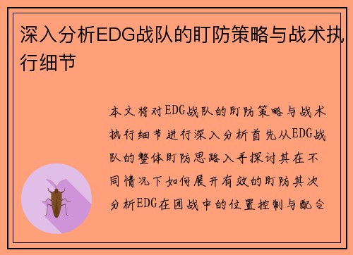 深入分析EDG战队的盯防策略与战术执行细节