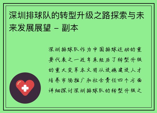深圳排球队的转型升级之路探索与未来发展展望 - 副本