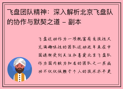 飞盘团队精神：深入解析北京飞盘队的协作与默契之道 - 副本