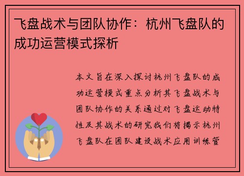 飞盘战术与团队协作：杭州飞盘队的成功运营模式探析