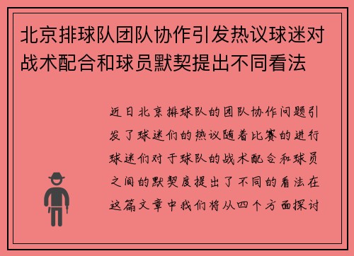 北京排球队团队协作引发热议球迷对战术配合和球员默契提出不同看法