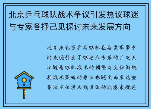 北京乒乓球队战术争议引发热议球迷与专家各抒己见探讨未来发展方向